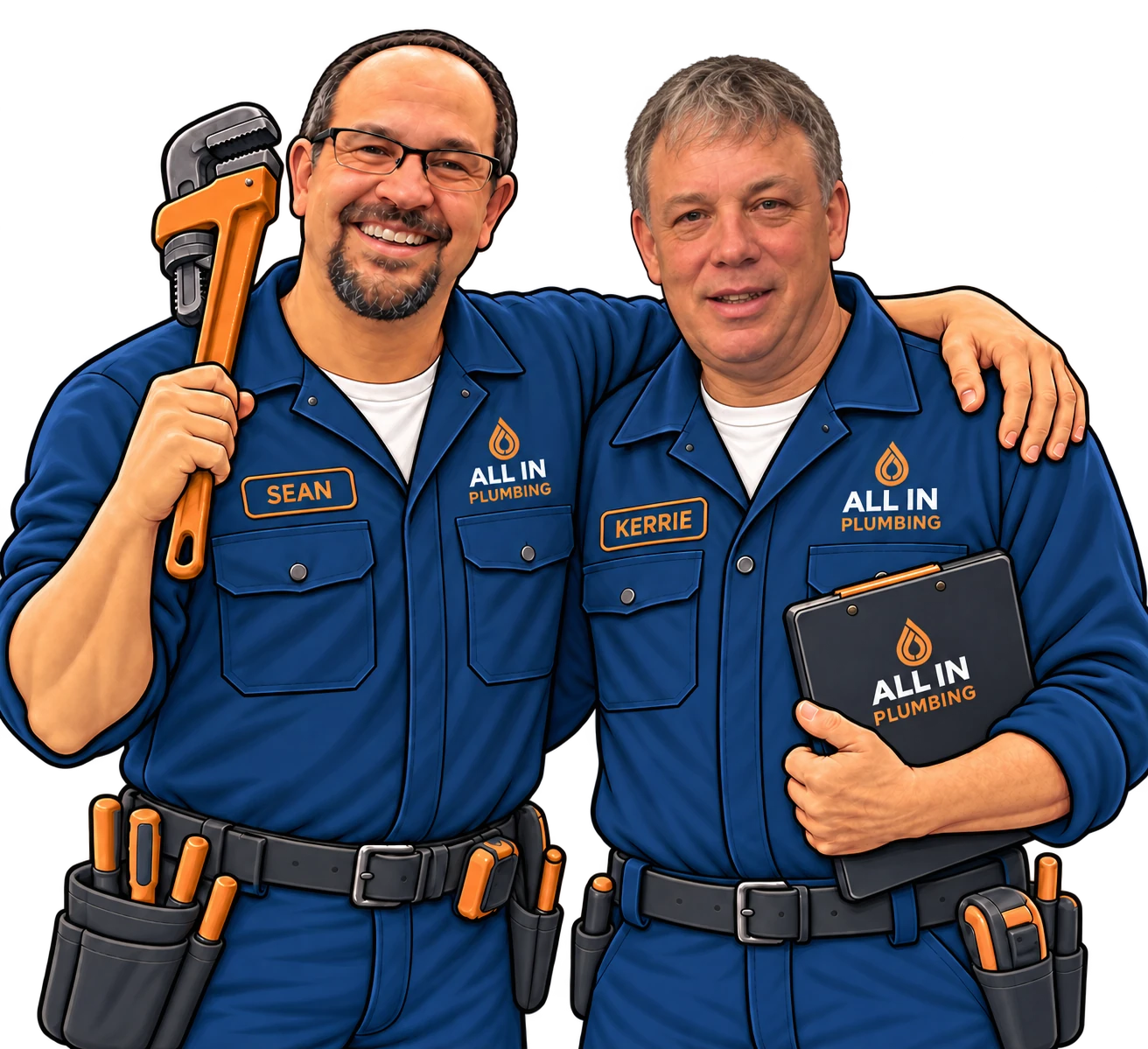Illustrated portrait of Shawn Tokar on the left with a wrench and Kerrie Fuller on the right with a clipboard, in All In Plumbing uniforms